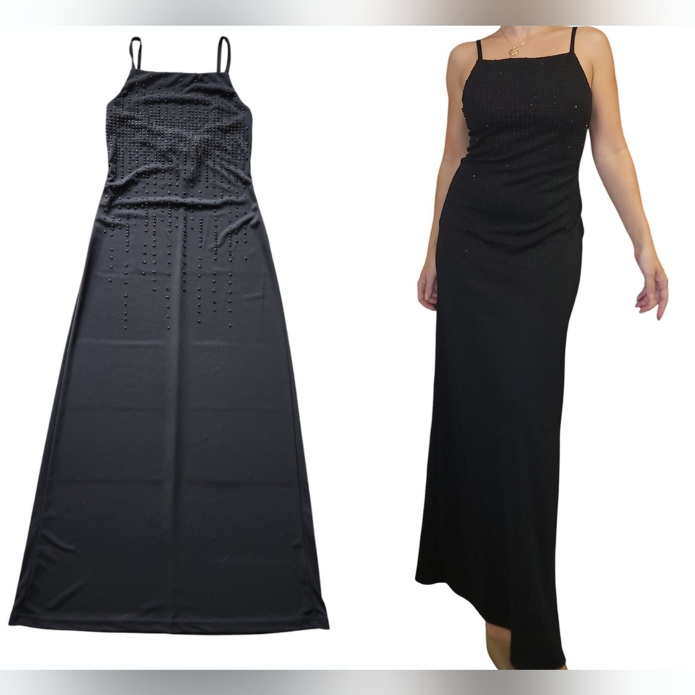 All That Jazz Fitted Maxi Slip Dress Small Black Beaded Witchy Y2K Vamp Goth Vtg